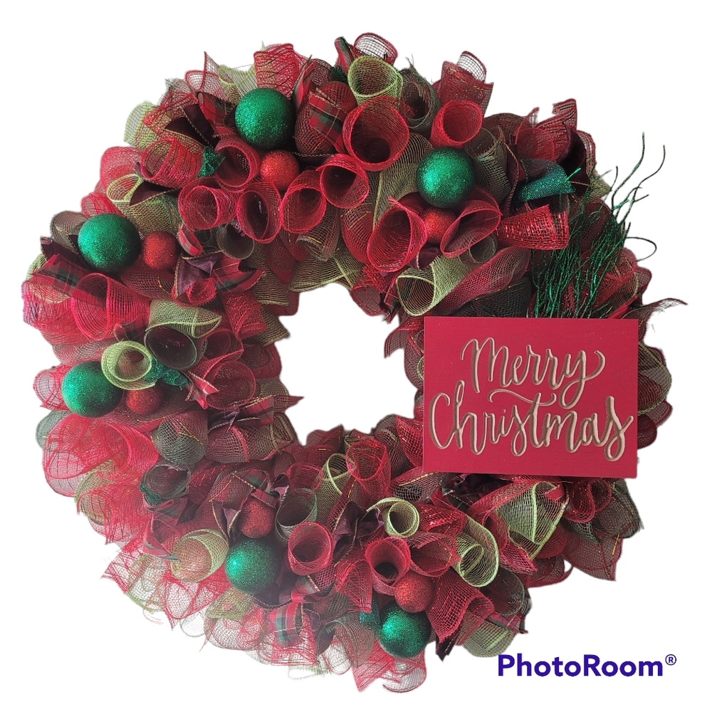 Large Red and Green Christmas Wreath Door Hanger  with Ornaments and Wooden Sign
